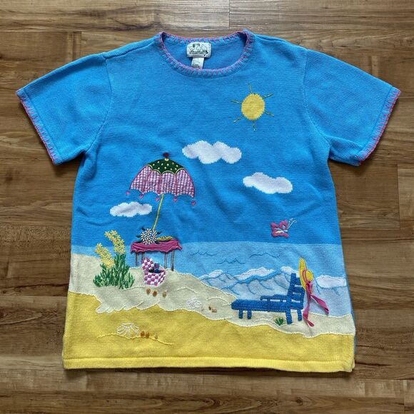 VTG The Quacker Factory L Blue Short Sleeve Beachy Knit Tunic Sweater Whimsical - Picture 1 of 16